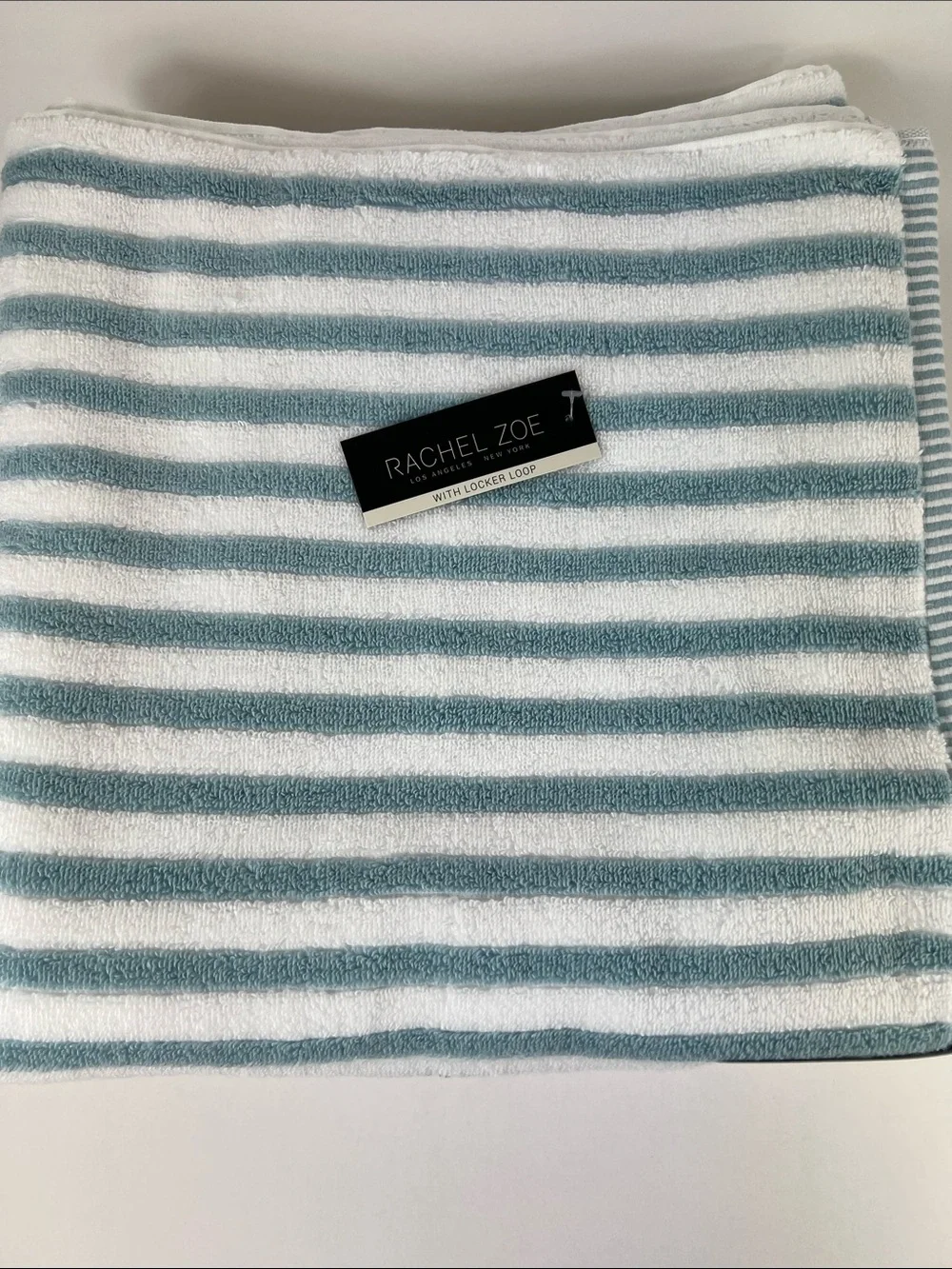 Rachel Zoe Bath Towels Classic Blue and White Striped Soft Cotton Set of 2 NEW
